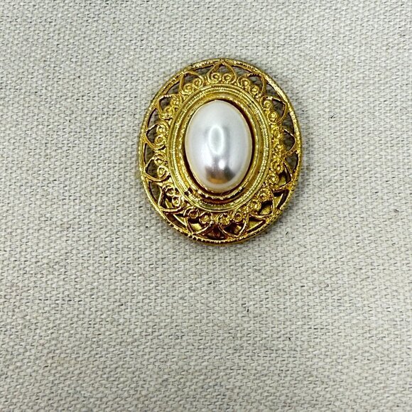 Vintage Scarf Pin Oval Imitation Pearl Gold-Tone‎ Classic Old Money Retro - Picture 1 of 10